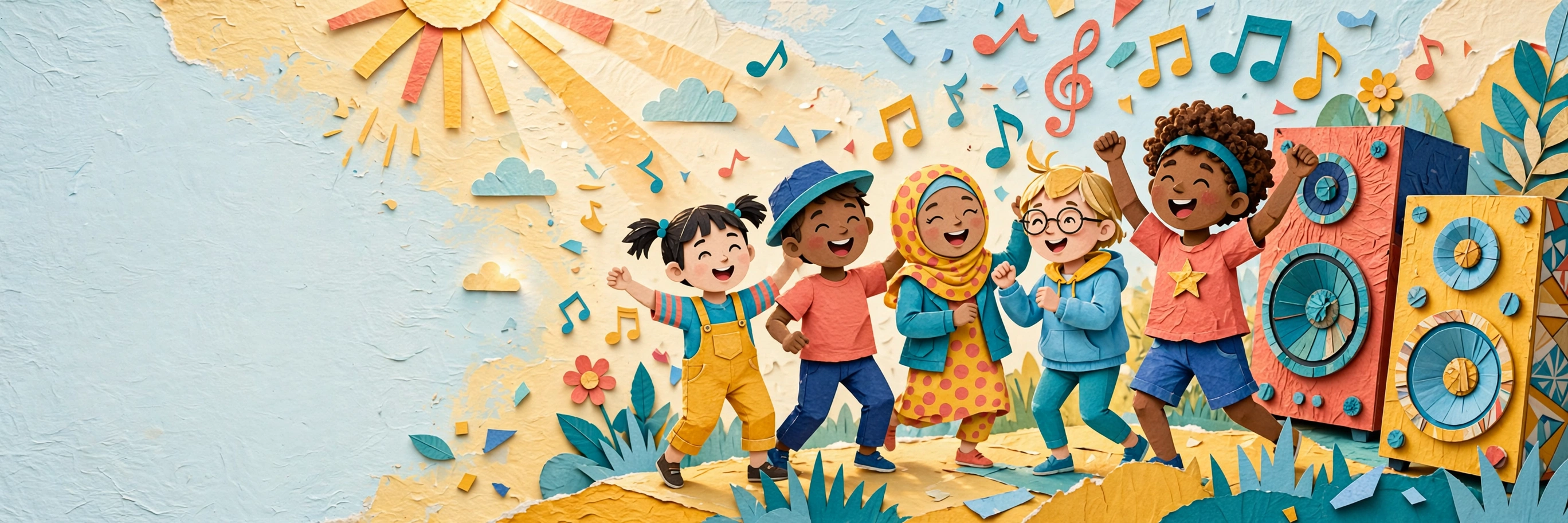 Colorful cut-paper illustration of children singing and dancing around speakers and music notes